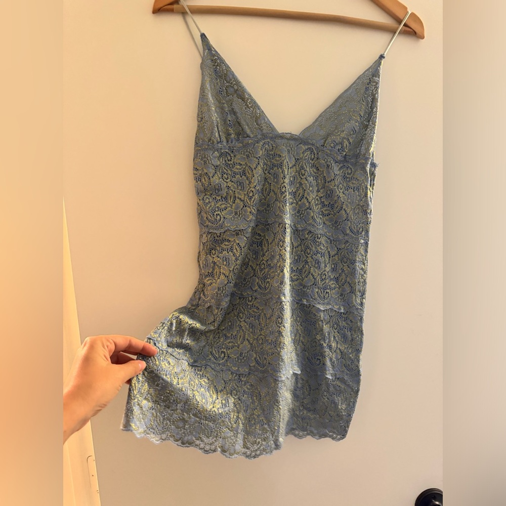 BCBG lace stretchy slip baby blue and gold